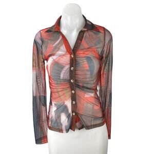 NEW Brooklyn Karma Multicolor Mesh Ruched Long Sleeve Button Sheer Blouse Top S